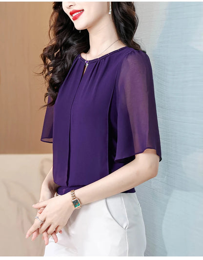Summer Clothing Half Sleeve Chiffon Blouse 2025 New Fashion Loose Women Tops Solid Color Casual Pullovers Shirt.