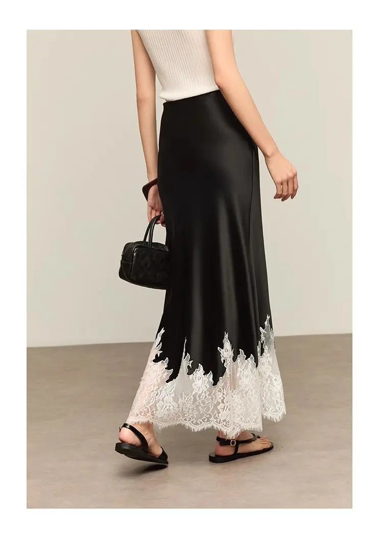Mia Girl Elegant Satin Long Skirts for Women Oversize Lace Patchwork High Waist A-line Skirt French Style Summer Chic Lady Skirt.