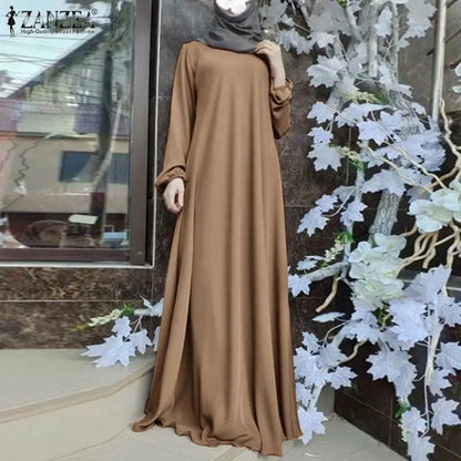 ZANZEA Muslim Women Summer Abaya Sundress Solid Islamic Clothing Marocain Vestido Robe Femme Fashion Long Sleeve Kaftan Dress.
