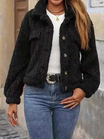VigoCasey 2025, Herbst Winter Frauen Schwarze Jacke Einreiher Langarm Dicken Plüsch Warme Mantel Solide Dame Beiläufige Kurze Mantel