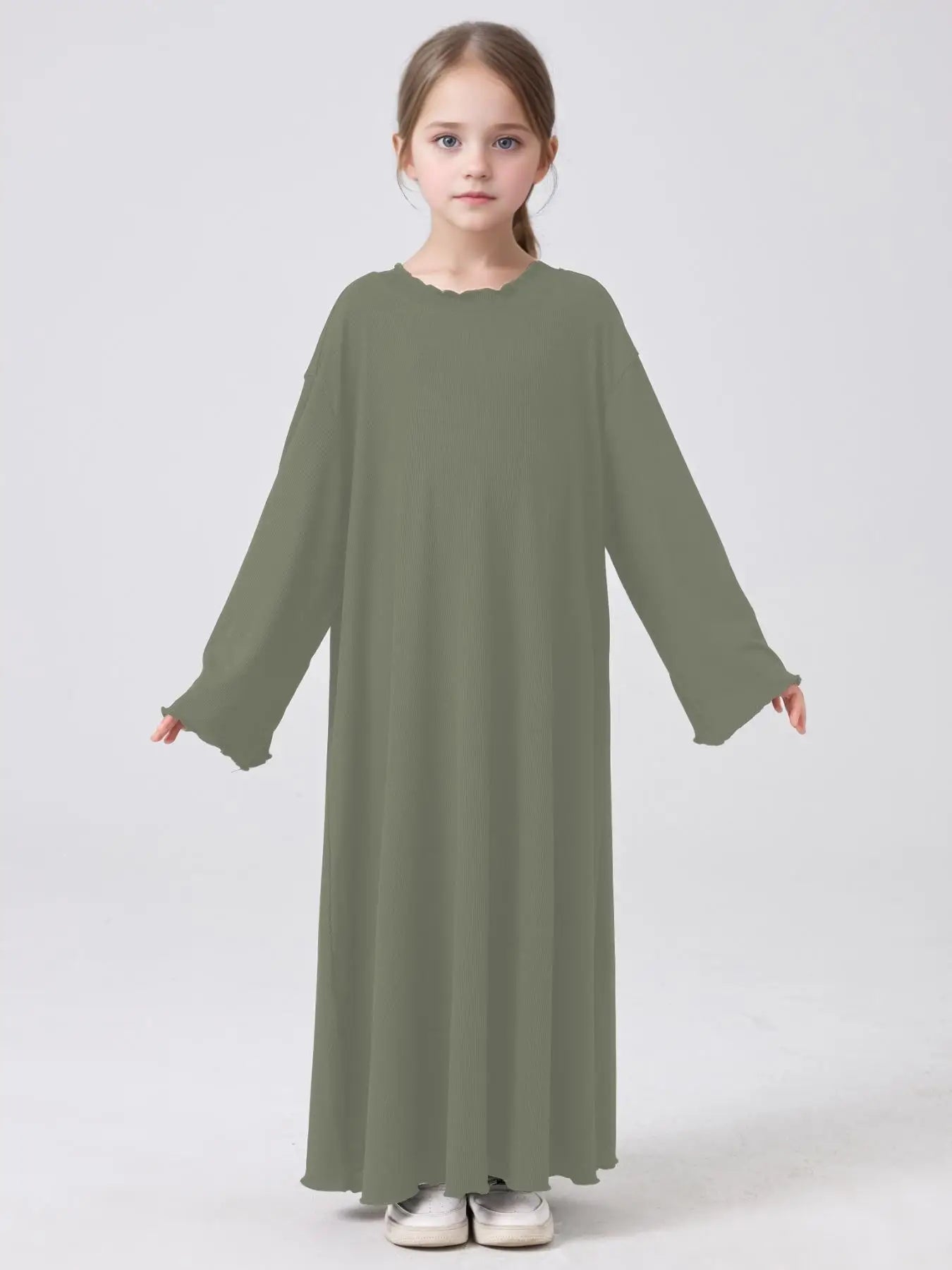 Middle Eastern Muslim Girls Princess Knitted Dress Wavy Edge Solid Color Robe.