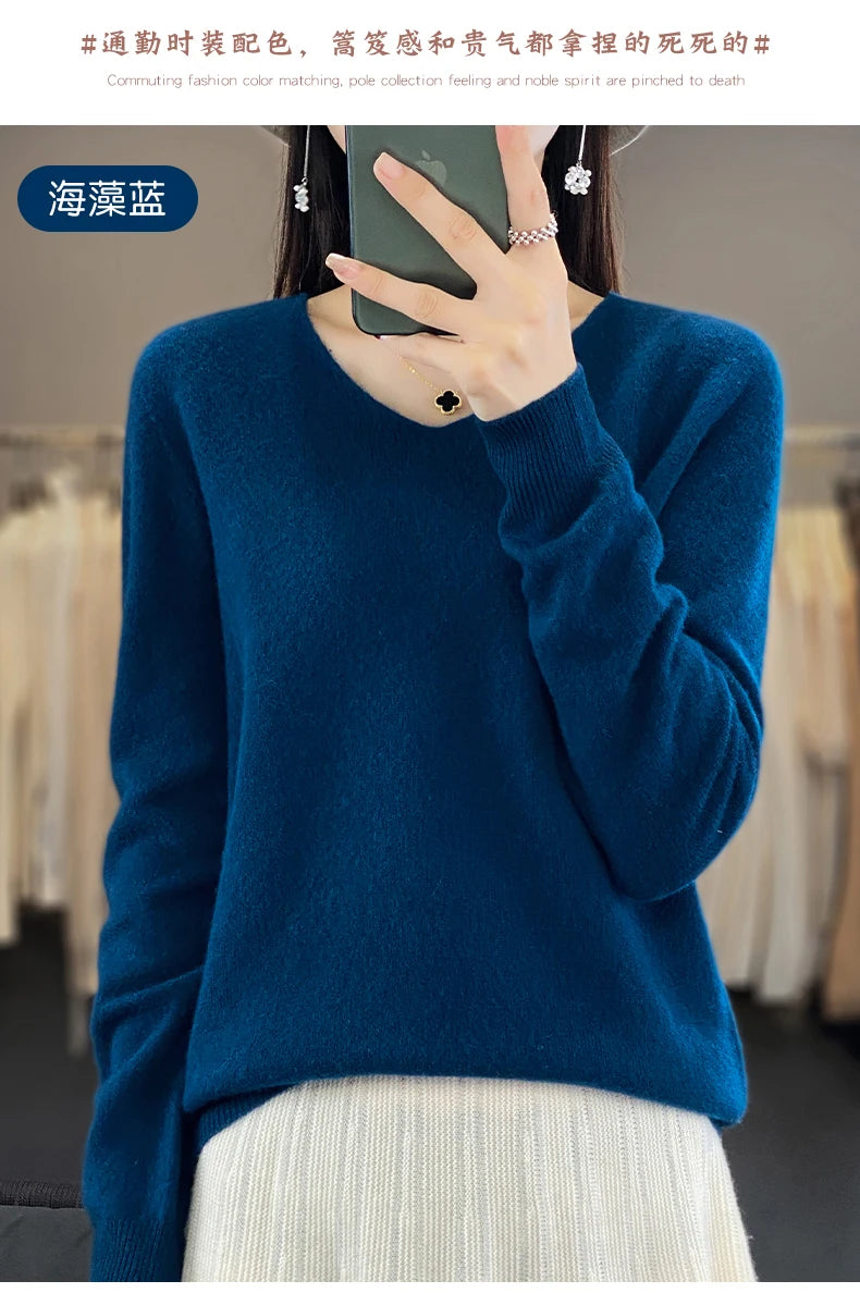 Women 100% Merino Wool Sweater V-Neck Basic Pullover Autumn Winter Cashmere Clothing Long Sleeve Soft Knitwear Tops Solid Color