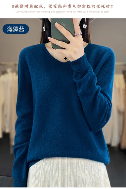 Women 100% Merino Wool Sweater V-Neck Basic Pullover Autumn Winter Cashmere Clothing Long Sleeve Soft Knitwear Tops Solid Color