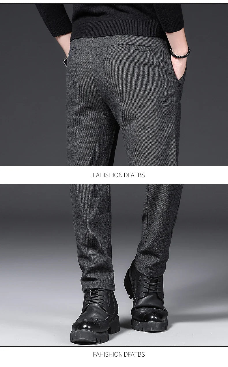 Winter Plush Trousers Men Business Fleece Pants Fashion Warm Drawstring Velvet Thick Casual Stretch Male Clothes 28-29
