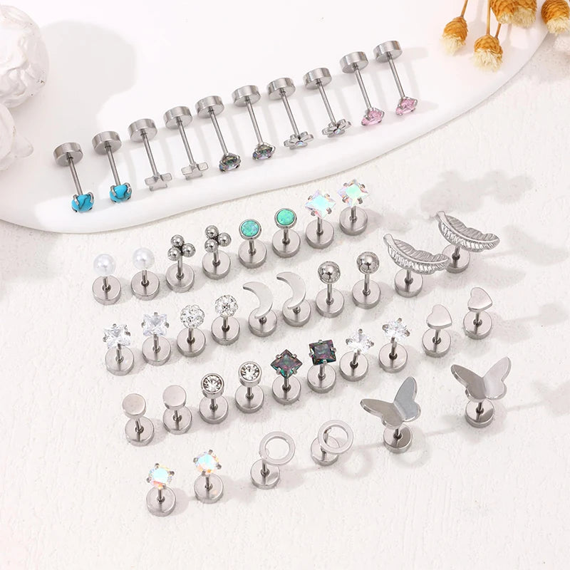 2PCS/Set Stainless Steel Heart Moon Earbone Stud Screw Ball Stud Earrings for Women Fashion Ear Tragus Cartilage Body Piercing.