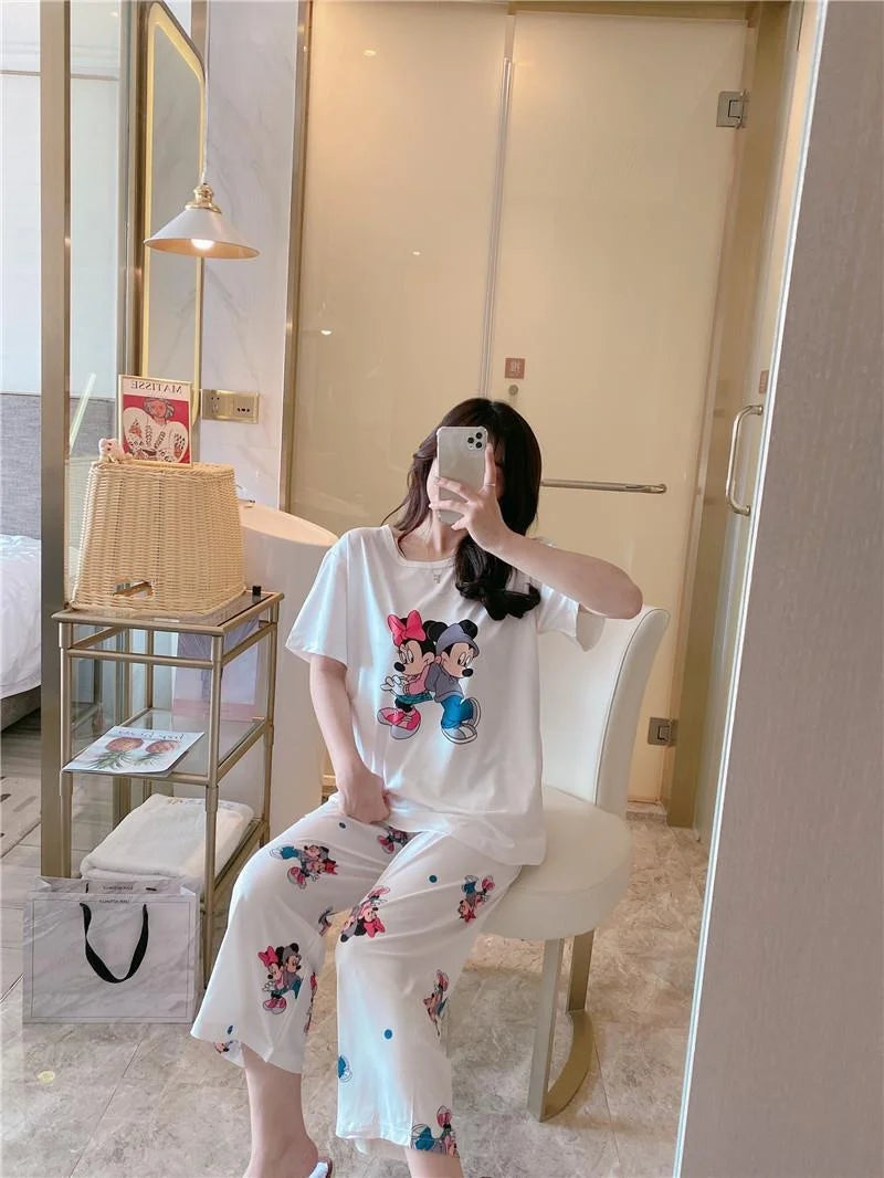 Sommer Pooh Bär Nachtwäsche frauen Lose Bequeme Cartoon Print Hause Kleidung Set Kurzarm Nachthemd Mickey Pyjama Set