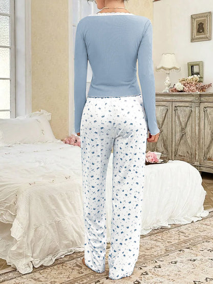 Autumn Winter Pajamas Set for Women Sleepwear Long Sleeve T-shirt with Long Trouses Set Homewear Femme Loungewear.
