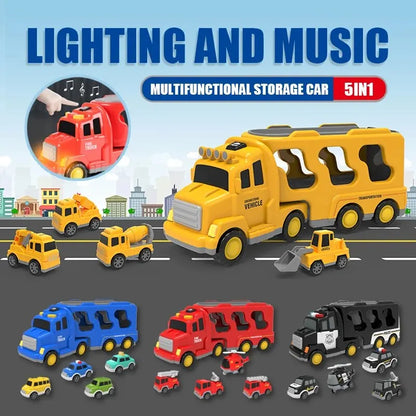 5pcs Kids Toy Construction Vehicles Transport Truck Carrier Toy Truck For Toddler Boys Girls Fire Truck Gift For Boys And Girls.