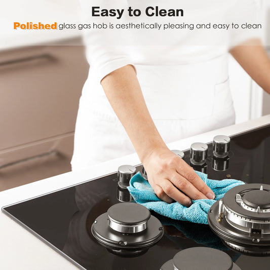 5 Burners 70 cm Glass with Automatic Flame Protection, Natural Gas Propane Gas, Built-in Gas Hob.