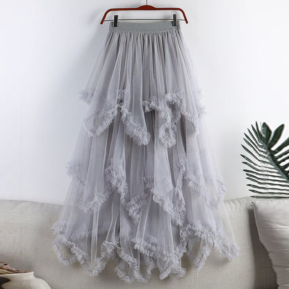 Autumn Winter New 2025 Irregular Cake Tulle Skirt Women Sweet Midi Long High Waist A Line Skirt Female Mesh Party Skirt Lady