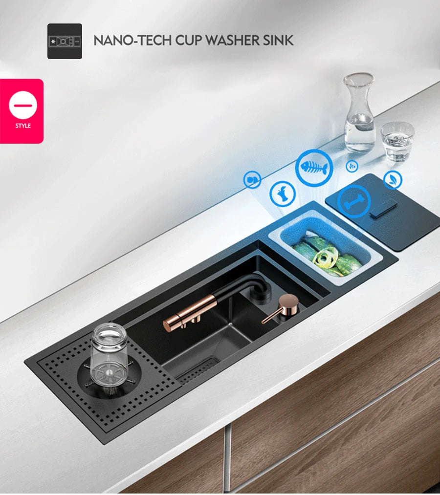 Nanometer Black Hidden Cup Rinser Bar kitchen Sink SUS 304 Stainless Steel Handmade Cup Washer Bar kitchen Sinks With Trash Can