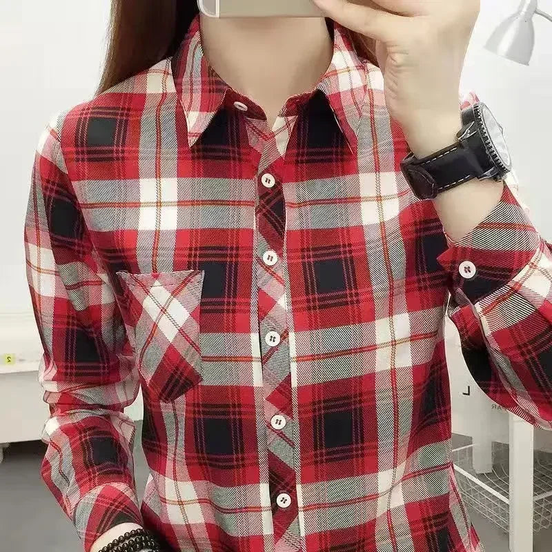 2024Spring and Autumn New College Style Women's Long sleeved Bottom Top Cardigan Long sleeved Fashion Plaid Shirt