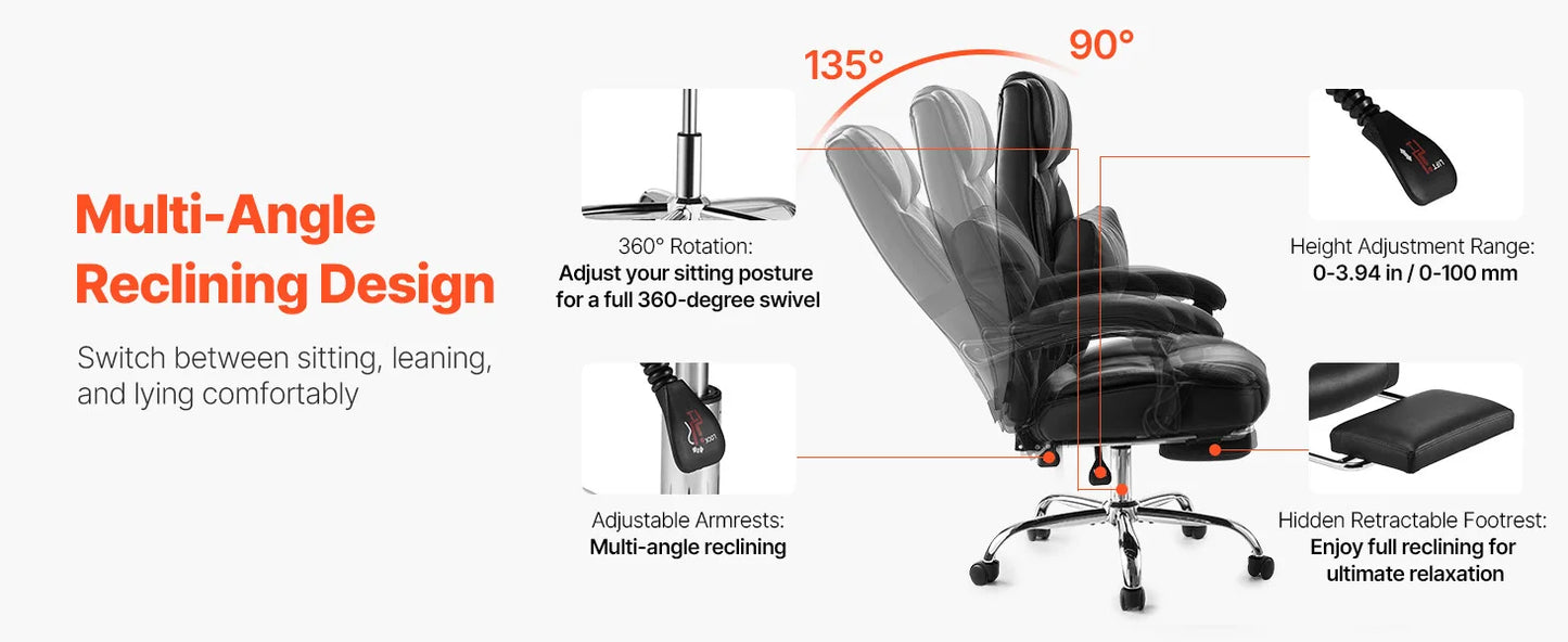 VEVOR Chefsessel Bürostuhl Drehstuhl mit hoher Rückenlehne & Fußstütze & Lendenkissen, ergonomischer Schreibtischstuhl mit 135° Neigung und einstellbarer Höhe, für Arbeit Arbeitszimmer Spielen