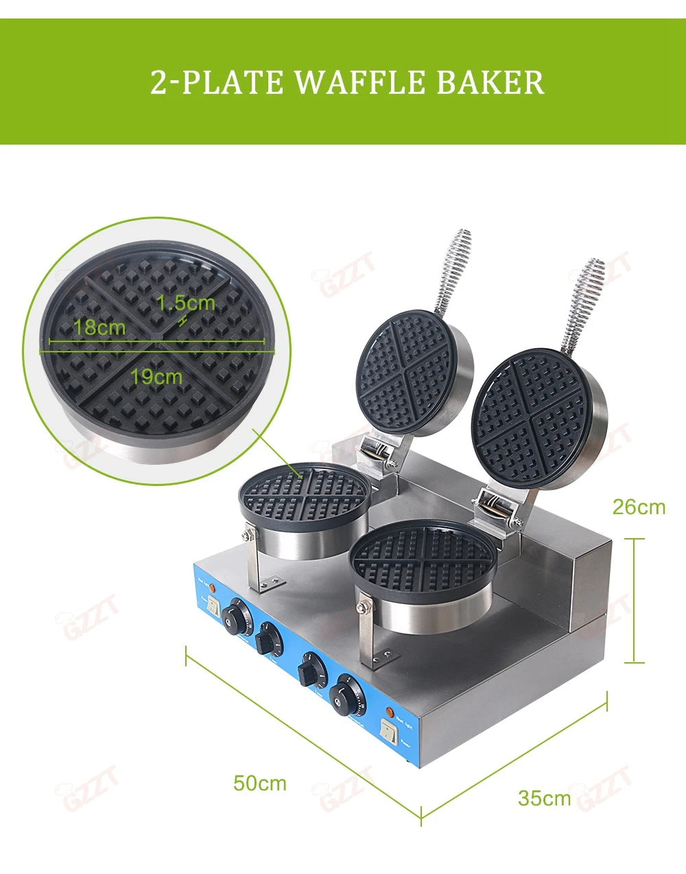 GZZT Commercial Double Head Waffle Maker 4-Piece Non-stick 2000W Adjustable Temperature 50-300℃ High-Efficiency Snack Machine.