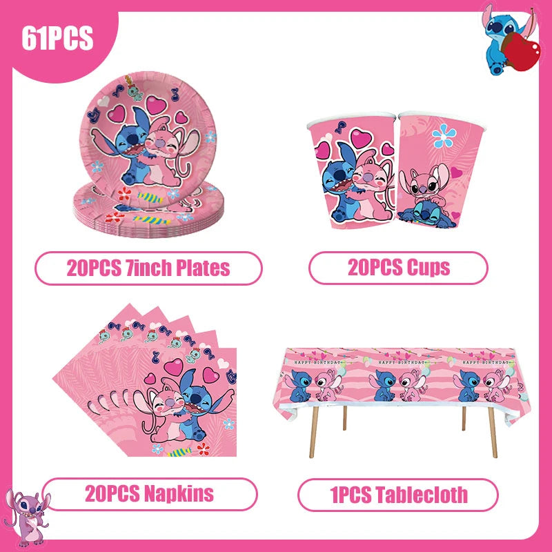 Disney Lilo und Stitch Party Dekoration Geschirr rosa Stitch alles Gute zum Geburtstag Party Thema liefert Ballon Hintergrund Tasse Teller.