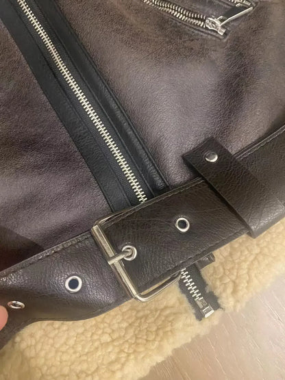 Frau dicke warme doppelseitige Faux Shear ling Jacke Herbst Winter neue Revers Langarm Gürtel Saum Reiß verschluss weibliche Oberbekleidung