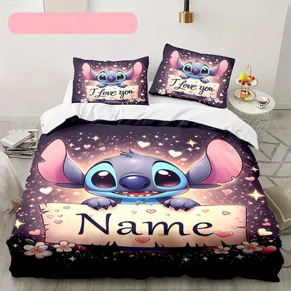 Customizable Stitch Anime Duvet Cover with 2 Pillowcases Cartoon Personalized Name Bedding Set for Women Children Teens.