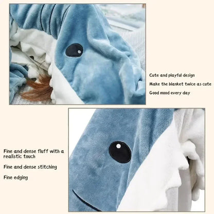 Shark Cartoon Sleeping Bag Adult Pajama Hooded Warm Flannel Blanket Funny Homewear Super Soft Onesie Sleeping Bag Winter Warm.