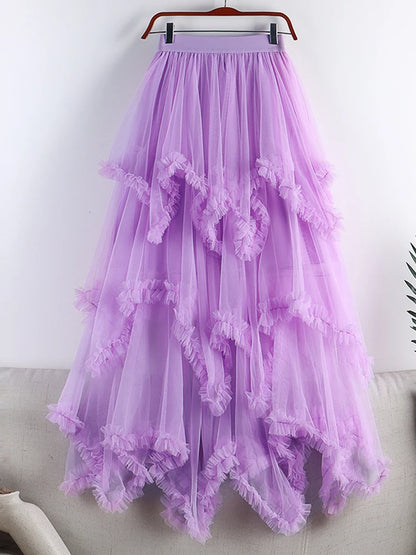 Autumn Winter New 2025 Irregular Cake Tulle Skirt Women Sweet Midi Long High Waist A Line Skirt Female Mesh Party Skirt Lady.