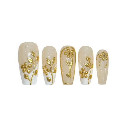 10pcs Handmade Autumn Press On Nails Mid-length Ladder Gold Foil Flower Tips Fake Nail White French Style False Nail For Women.