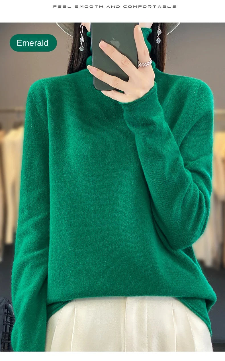 2025 100% Merino Wool Sweater Elegant Cashmere Pullover Women Pile Collar Long Sleeve Knitwear Basic Clothing  Jumper Tops