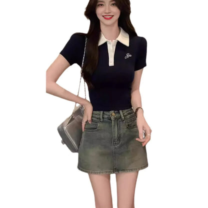 Original Quality Short Sleeve Polo Neck T-Shirt Women's Slim Fit Waist Cinched Sexy Design Casual Sweet Style Polyester Fabric.