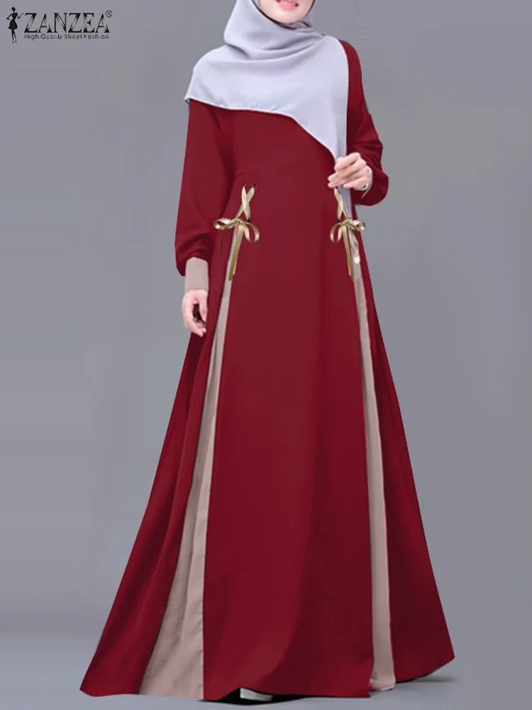 ZANZEA Mode Frauen Langarm Muslimischen Abaya Kleid Frühling Patchwork Maxi Kleider Robe Femme IsIamic Vestidos Lace Up Sommerkleid