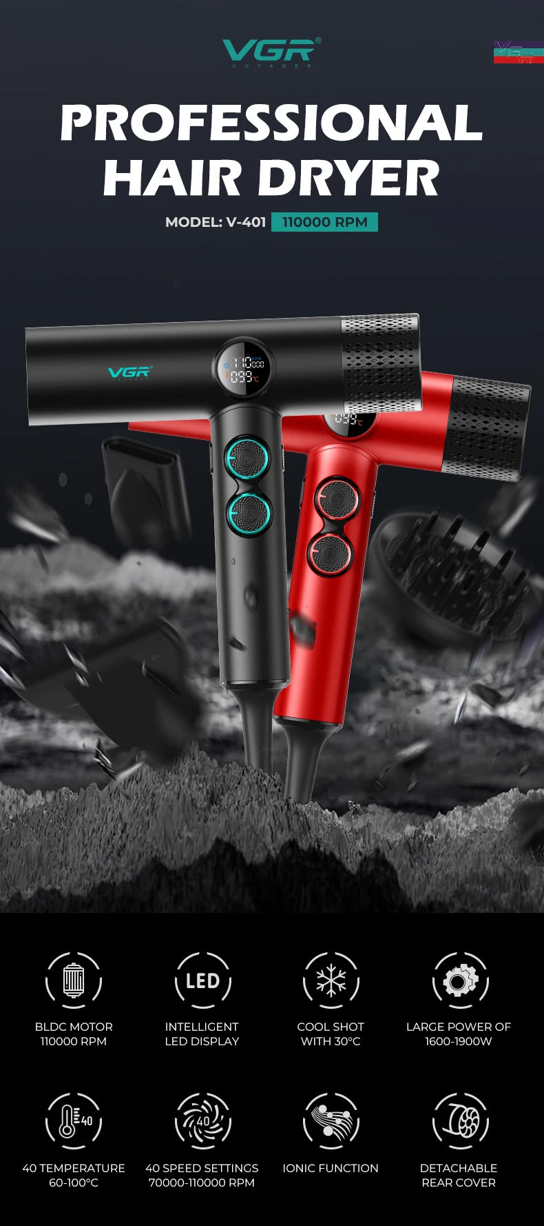 VGR Hair Dryer Professional Hair Dryer Machine Hot and Cold Adjustment Air Blower Brushless Motor 110000 RPM Barber Salon V-401