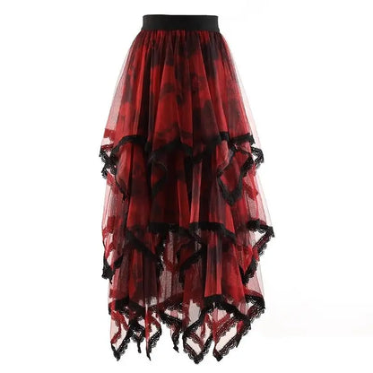 Irregular Hem Lace Cake Mesh Midi Long Skirt High Elastic Waist Ball Gown Harajuku Gothic Cosplay Maxi Skirts Red Party Skater