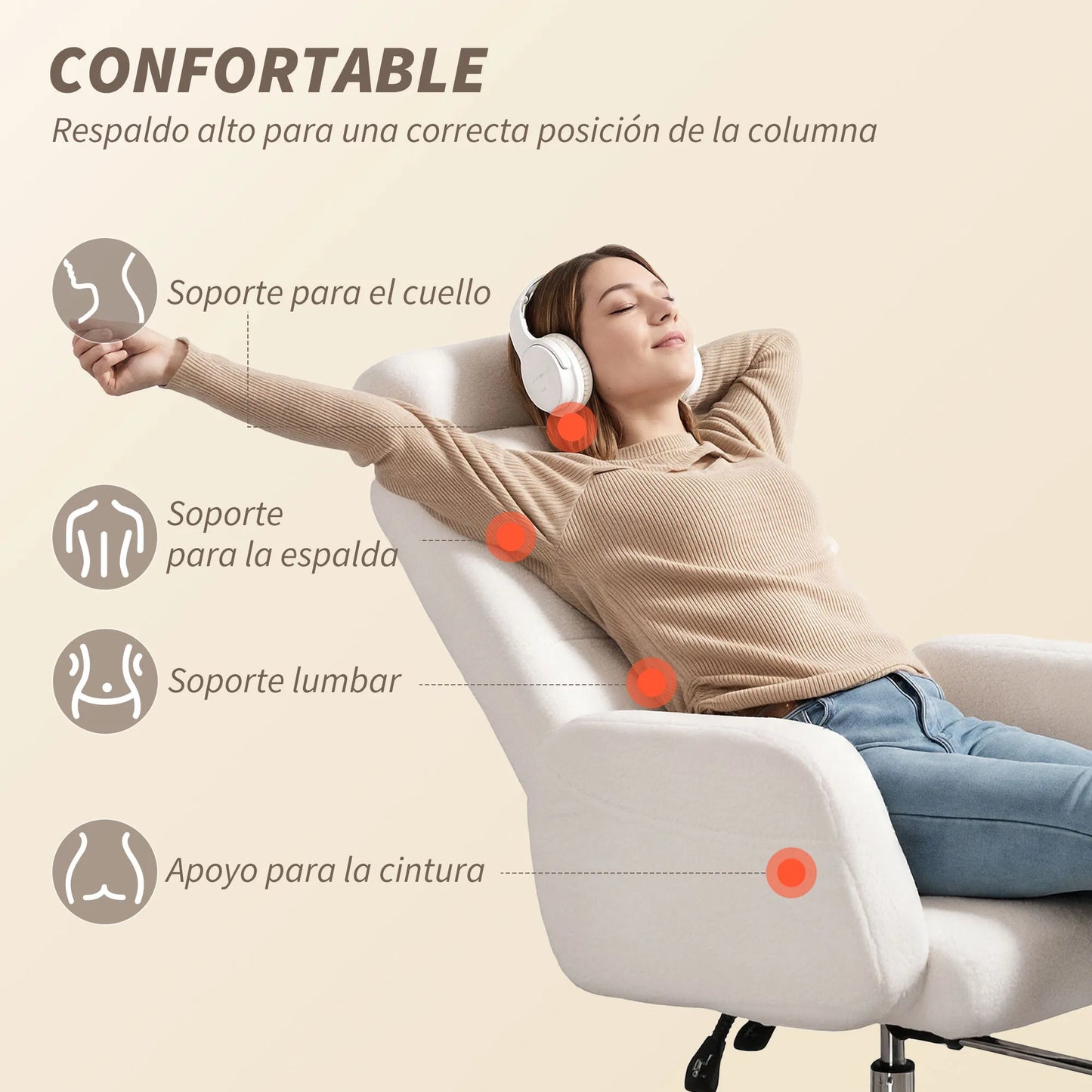 Schreibtischstuhl mit Fußstütze, gepolstert in Lammfell, mit verstellbarer Rückenlehne, verstellbare Kopfstütze, Creme