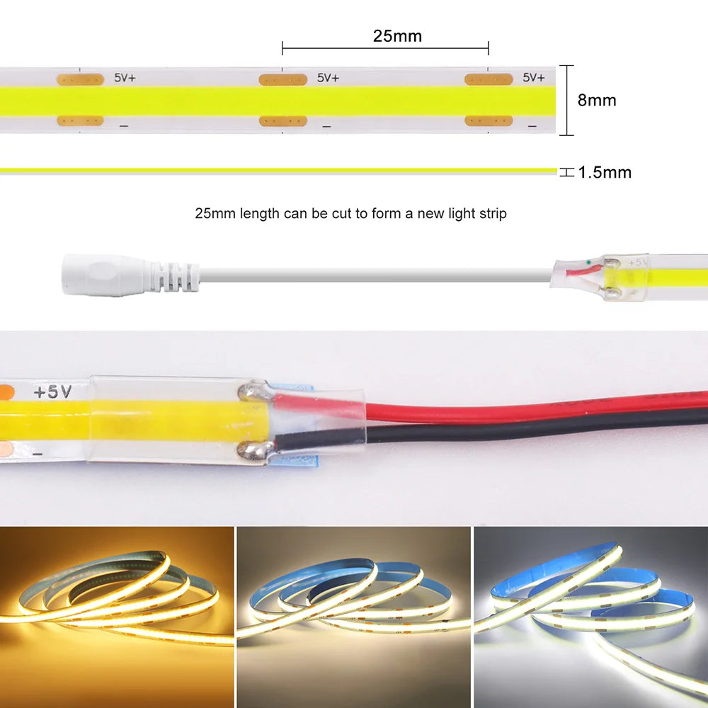 5 V USB-COB-LED-Streifen mit 2-poligem DC-Stecker, 3000 K, 4000 K, 6000 K, 320 LEDs, flexibles Band, lineare Beleuchtung mit hoher Dichte.