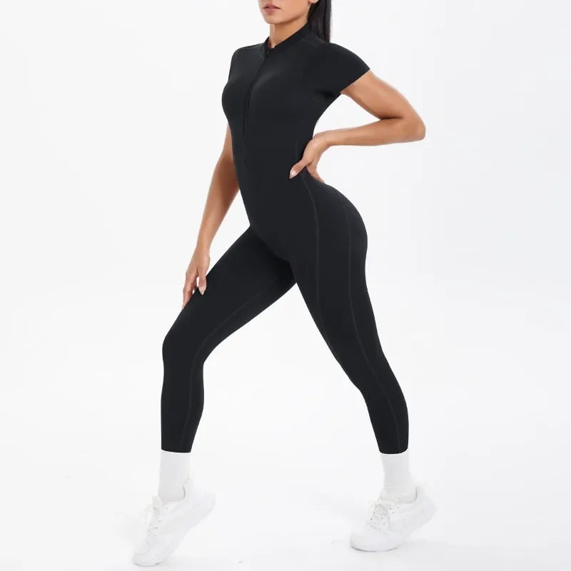 New Women's Yoga Jumpsuit Front Zipper Tight Back Hollow Out Short Sleeve-pants Activewear for Fitness Running Gym Workout