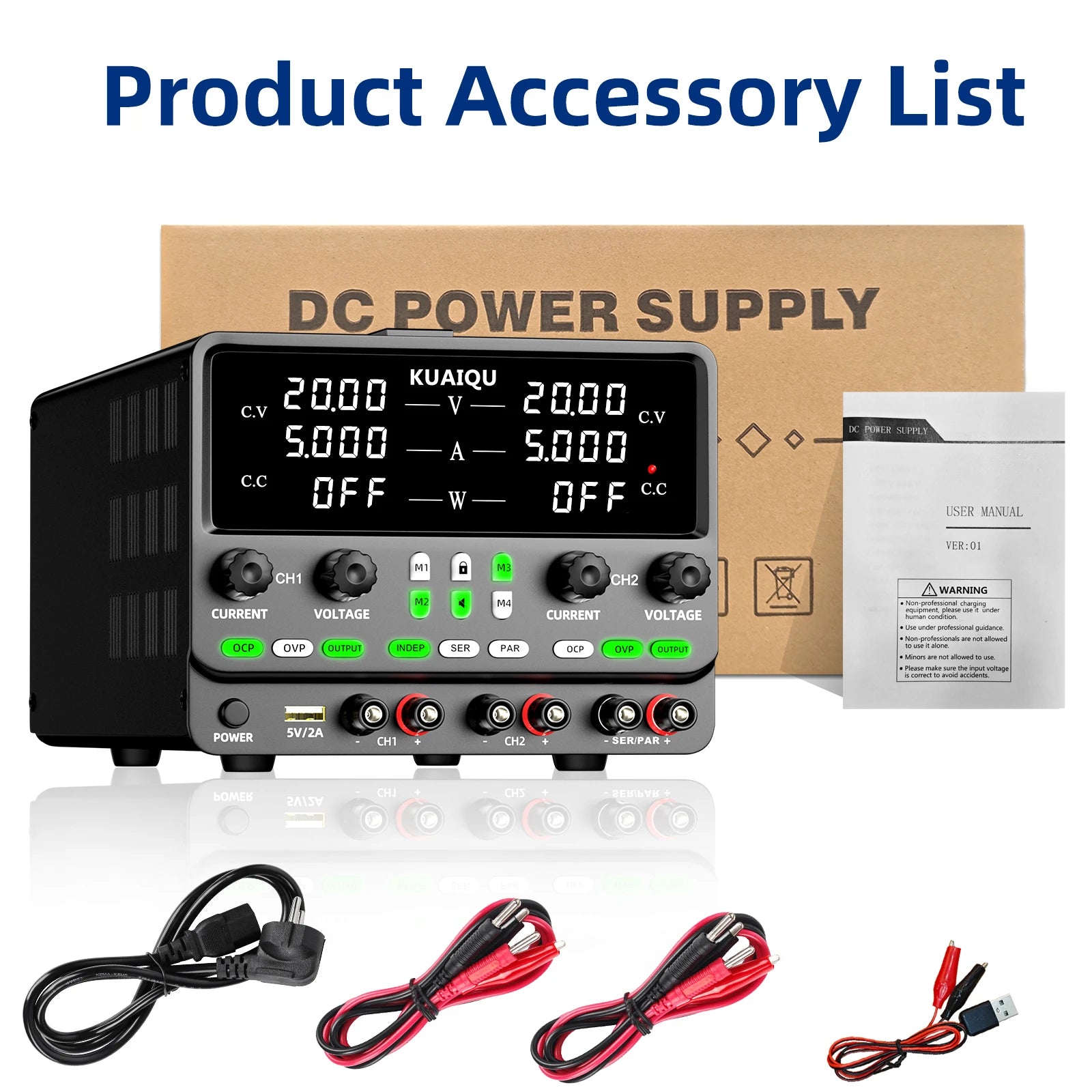 KUAIQU Newest 30V10A Dual Channel Bench Power Supply 3-Way Series-Parallel Output Overvoltage Overcurrent Protection Laboratory.