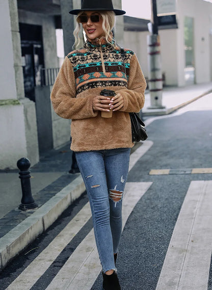 Fairyshely 2025 Winter Print Women Hoodies Casual Long Sleeve Hood Sweatshirt Loose Autumn Lady Stand Collar Plush Hoodie Tops.