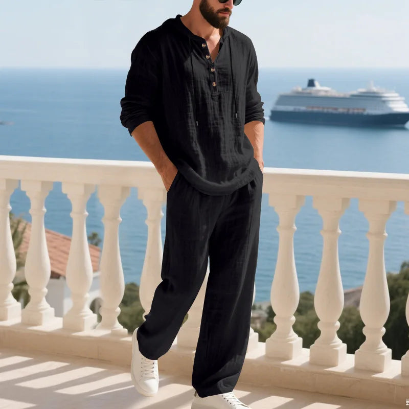 Cross-border Autumn Linen Men's Casual Suit Loose Hooded Henley Shirt Long Sleeve Pants Suit.