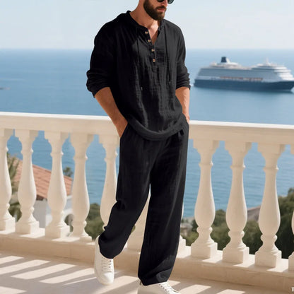 Cross-border Autumn Linen Men's Casual Suit Loose Hooded Henley Shirt Long Sleeve Pants Suit.