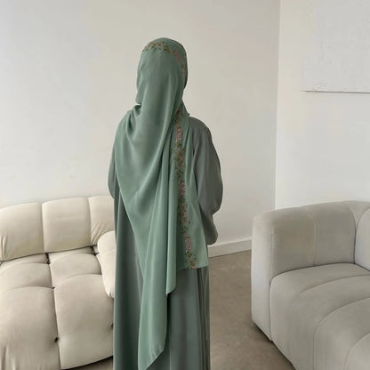 Front Open Abaya with Hijab 2 Piece Set Muslim Embroidery Abayas for Women Dubai Modest Islamic Clothing Kaftan Turkish Dresses.