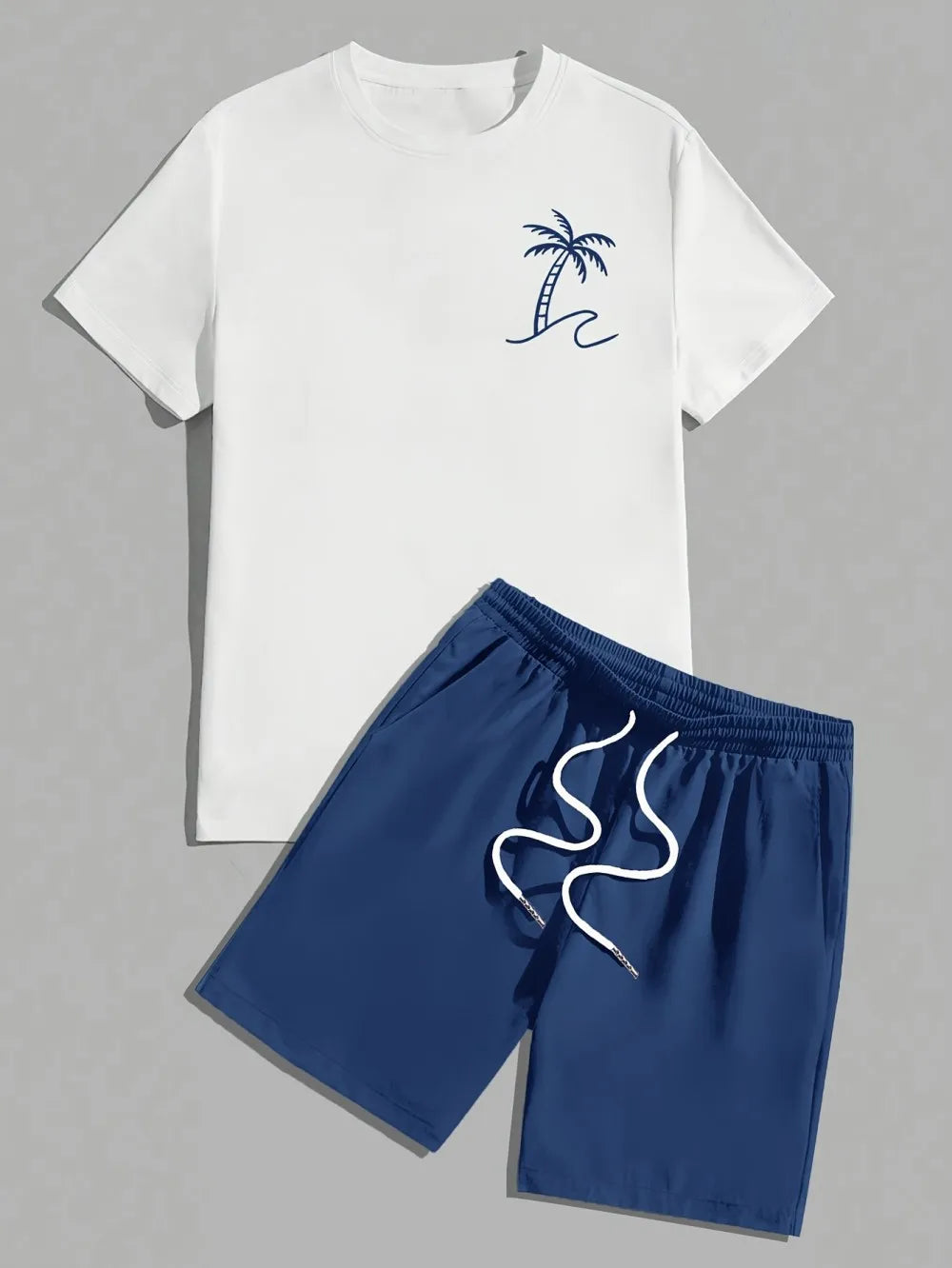 Hot selling men's summer coconut tree print comfortable and breathable round neck T-shirt shorts set outdoor vacation suit.