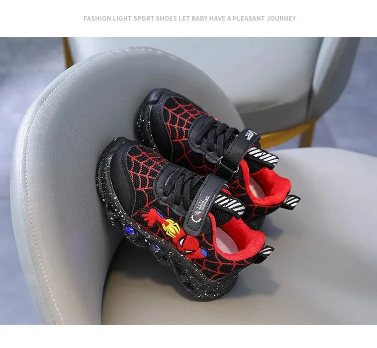 Disney LED Casual Sneakers Red Black For Spring Boys Spiderman Mesh Outdoor Shoes Children Lighted Non-slip Shoes Size 21-30.