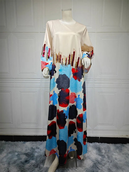 Siskakia Arab Saudi Printing Sequins Long Dresses Galabia Muslim Eid Women Abayas Islam Clothing Turkish African Kebaya 2024 New
