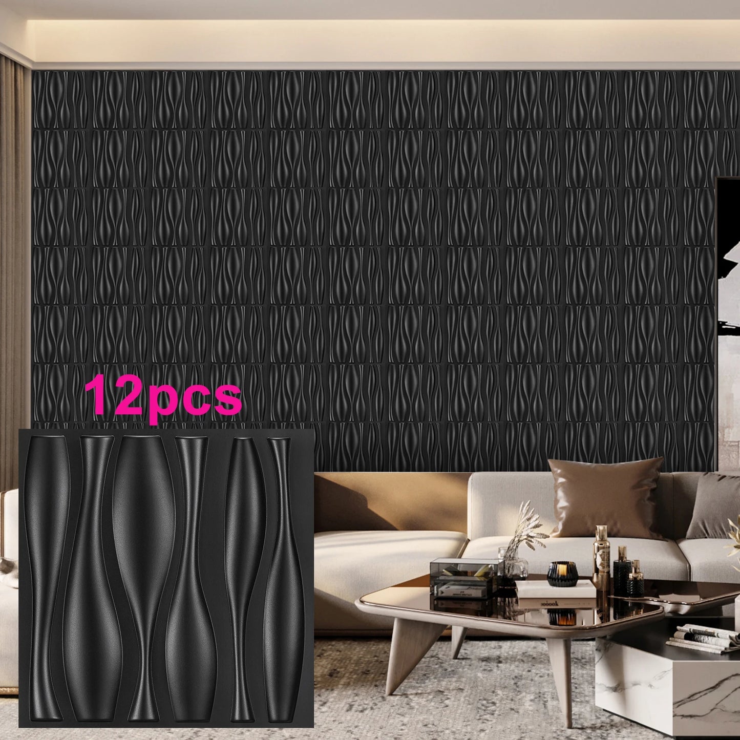 KUUJOJO 12pcs 3D textured wall panel for indoor wall decoration, suitable for living room, hall, bedroom, hotel, office
