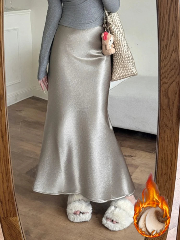 High Waist Women's Fleece-Lined Thickened Elegant Long Skirt Satin Mermaid Skirt Elegant Drapey Bodycon Skirt For Autumn Winter.