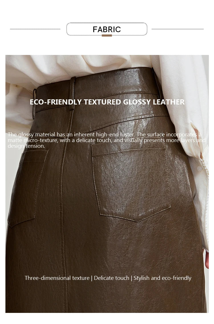 AMII Minimalist PU Leather Skirt For Women 2025 American Retro Knee-Length Skirt Solid Basics Business Women's Clothing 12553014.
