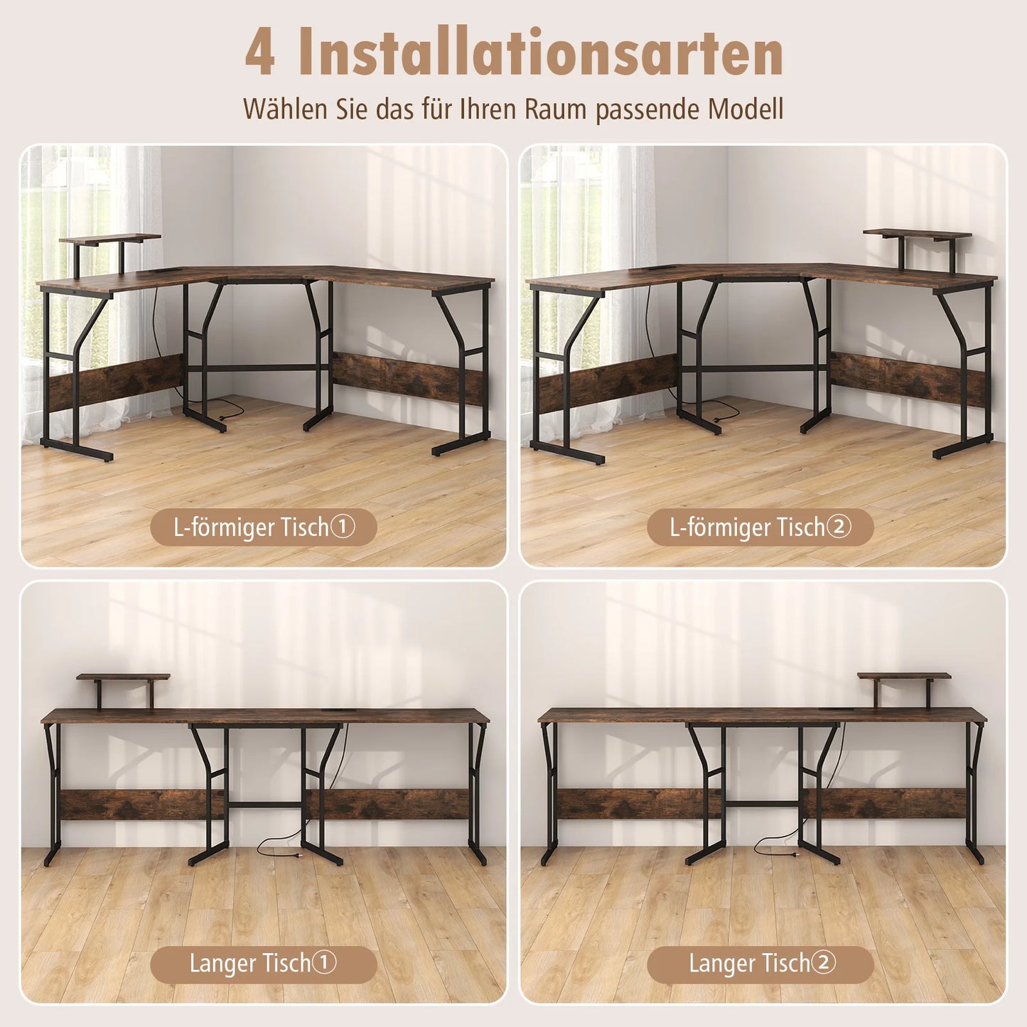 Schreibtisch L-Form, reversibler Eckschreibtisch mit Monitorständer und Ladestation, Ecktisch, Gaming Computertisch, Bürotisch