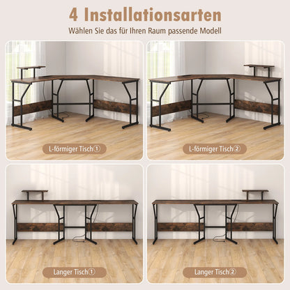 Schreibtisch L-Form, reversibler Eckschreibtisch mit Monitorständer und Ladestation, Ecktisch, Gaming Computertisch, Bürotisch