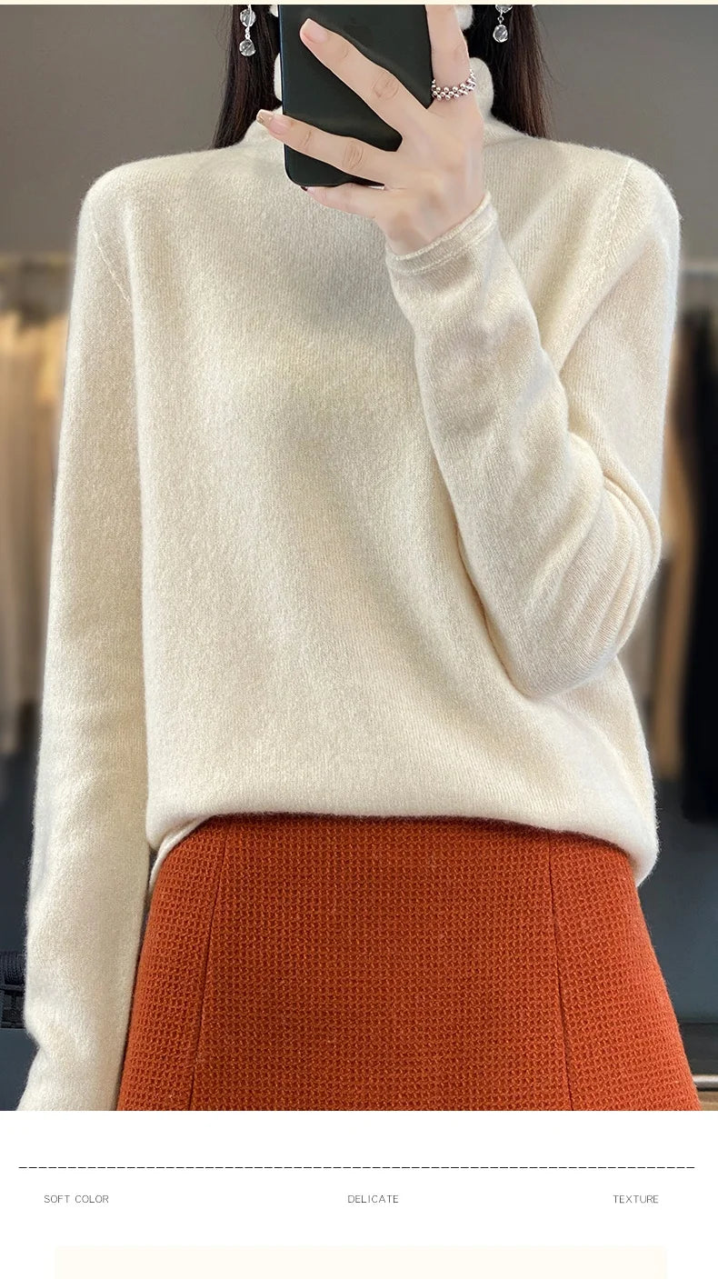 2025 100% Merino Wool Sweater Elegant Cashmere Pullover Women Pile Collar Long Sleeve Knitwear Basic Clothing  Jumper Tops.
