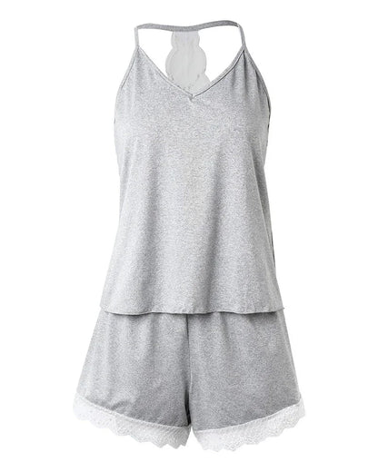 Damen-Pyjama mit Häkelspitze, 2-teilig, ärmellos, V-Ausschnitt, lässiger Nachtwäsche-Anzug, sexy, solide Heimkleidung, Sommerkleidung
