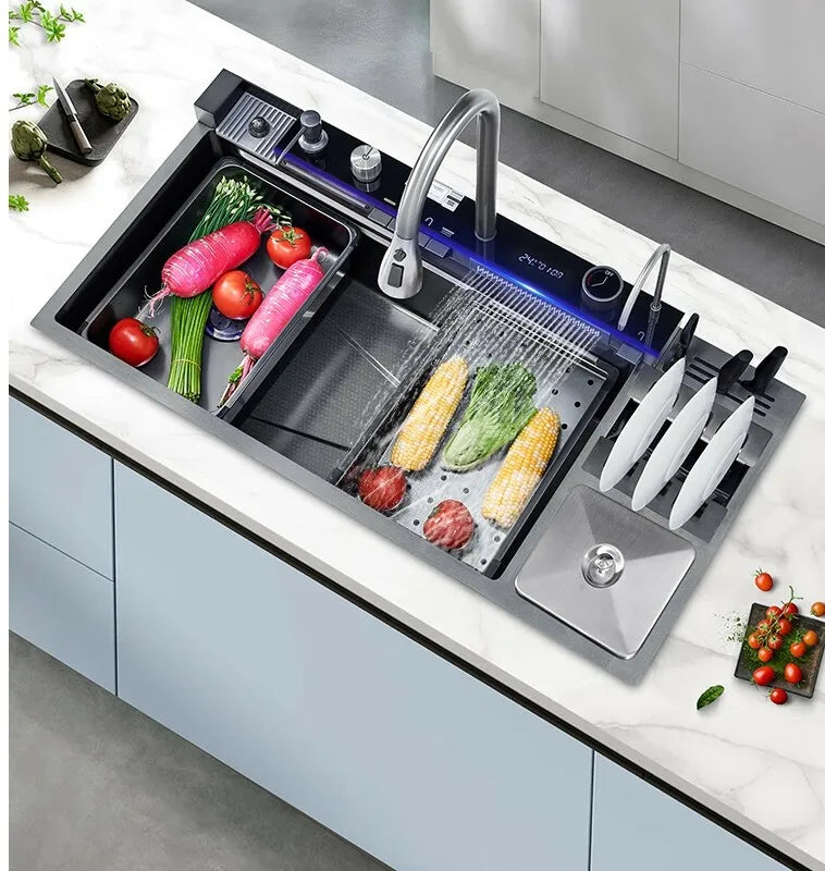 Stainless Steel Kitchen Sink Large Size Single Slot Multifunctional With Trash Can and Drain Rack Household Wash Dish Basin