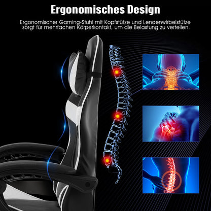 Bürostuhl Gaming Stuhl Massage Gaming Sessel Ergonomischer Gamer Stuhl mit Fußstütze, Kopfstütze Massage-Lendenkissen, Gepolstert Gaming Chair, Drehsessel Weiß