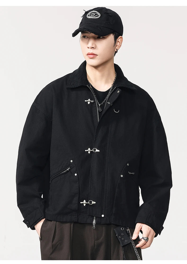 Men Washed Cotton Metal Buckle Streetwear Vintage Loose Casual Short Bomber Cargo Jacket Couple Spring Autumn Coat Outerwear.